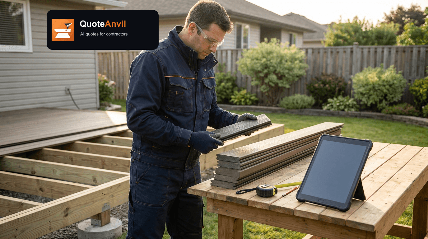 Deck contractor wearing safety glasses and gloves reviewing a composite decking sample beside timber framing, stacked boards, and a tablet.