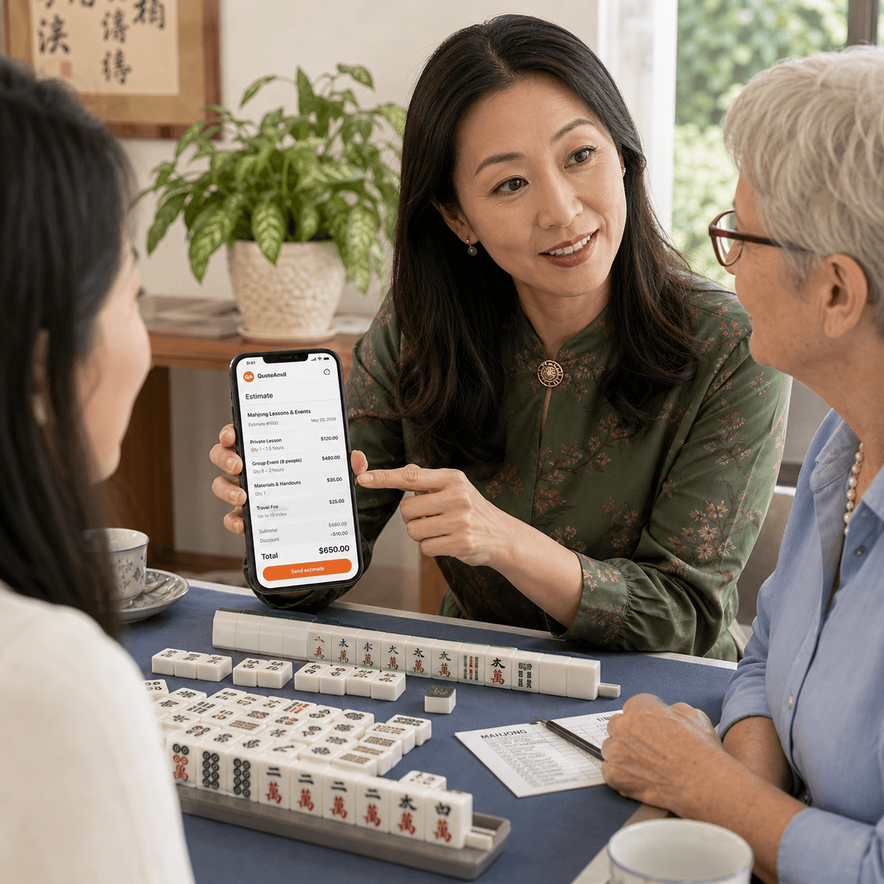 Mahjong Lessons & Events contractor using QuoteAnvil in the field