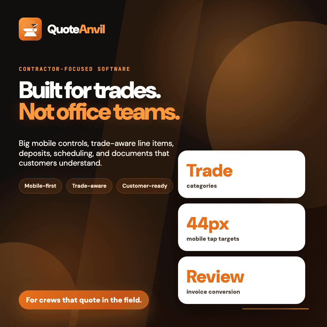 QuoteAnvil social post showing trade-focused estimating and invoicing software