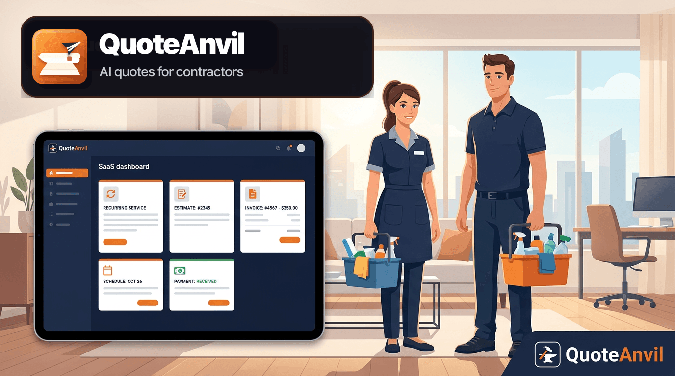 QuoteAnvil branded hero image showing cleaning pros with supplies and dark navy forge orange software cards for recurring service, estimates, invoices, schedules, and payments.