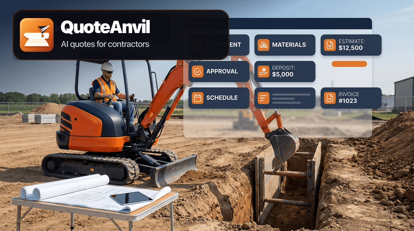 QuoteAnvil branded hero image showing an excavation contractor and compact excavator with dark navy forge orange software cards for equipment, materials, estimates, approvals, deposits, schedules, and invoices.
