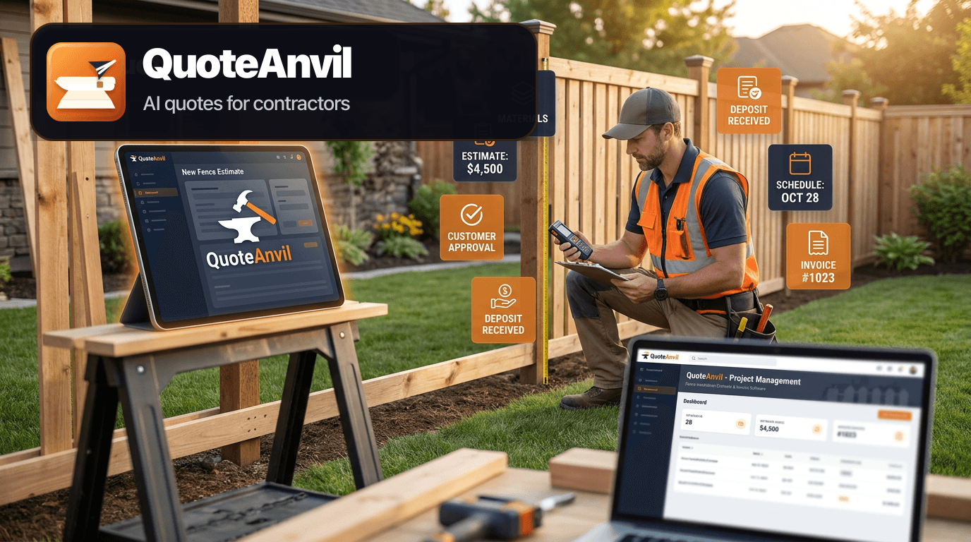 QuoteAnvil branded hero image showing a fence contractor measuring a backyard fence line with dark navy forge orange software cards for materials, estimates, approvals, deposits, schedules, and invoices.