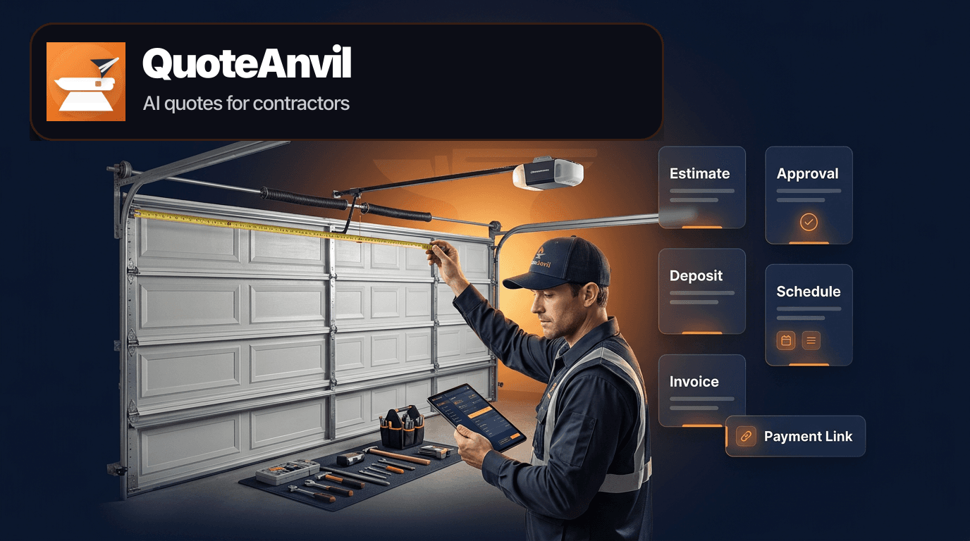 QuoteAnvil branded hero image showing a garage door technician servicing an overhead door with dark navy and forge orange estimate, approval, deposit, schedule, invoice, and payment link cards.