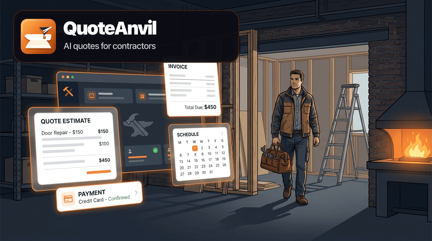 QuoteAnvil branded hero image showing a handyman with jobsite tools and dark navy forge orange software cards for estimates, invoices, approvals, schedules, and payments.