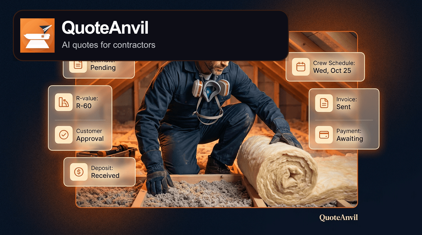 QuoteAnvil branded hero showing an insulation contractor working in a residential attic with estimate, R-value, approval, scheduling, invoice, and payment workflow cards.