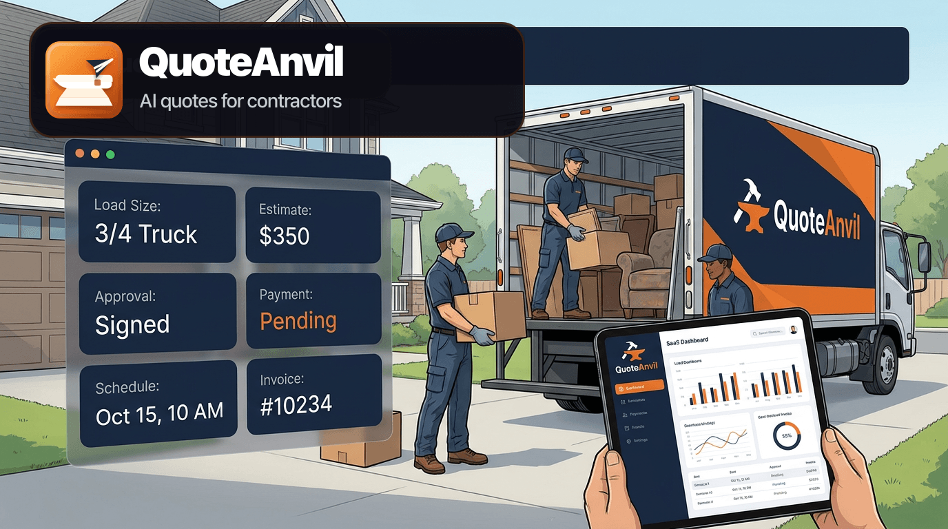 QuoteAnvil branded hero image showing a junk removal crew loading a truck with dark navy forge orange software cards for load size, estimates, approvals, schedules, payments, and invoices.
