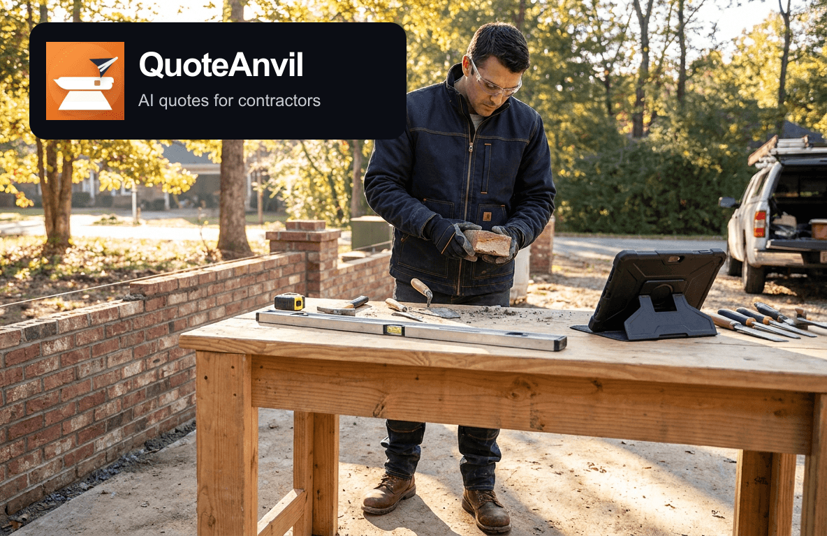 Masonry contractor wearing safety glasses and gloves inspecting a brick beside a partially completed wall, hand tools, a level, and an estimating tablet.