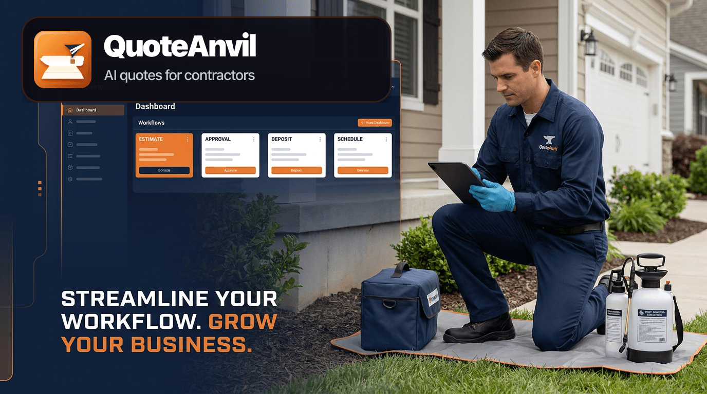 QuoteAnvil branded hero image showing a pest control technician inspecting a home with dark navy and forge orange estimate, approval, deposit, and schedule cards.