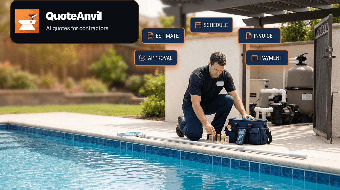 Pool service technician testing water beside a residential pool with QuoteAnvil estimate, approval, scheduling, invoice, and payment workflow cards.