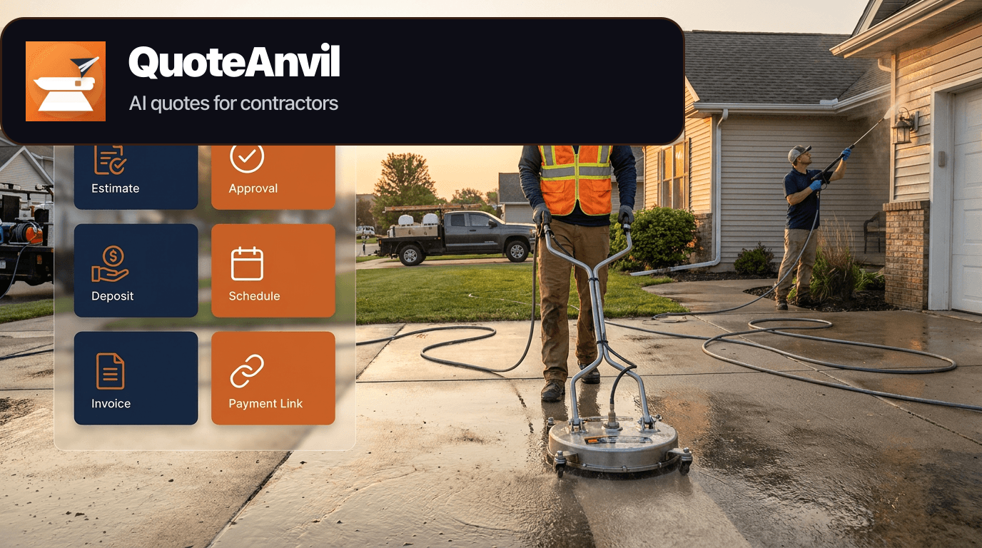 QuoteAnvil branded hero image showing a pressure washing technician cleaning a driveway and siding with dark navy and forge orange estimate, approval, deposit, schedule, invoice, and payment link cards.