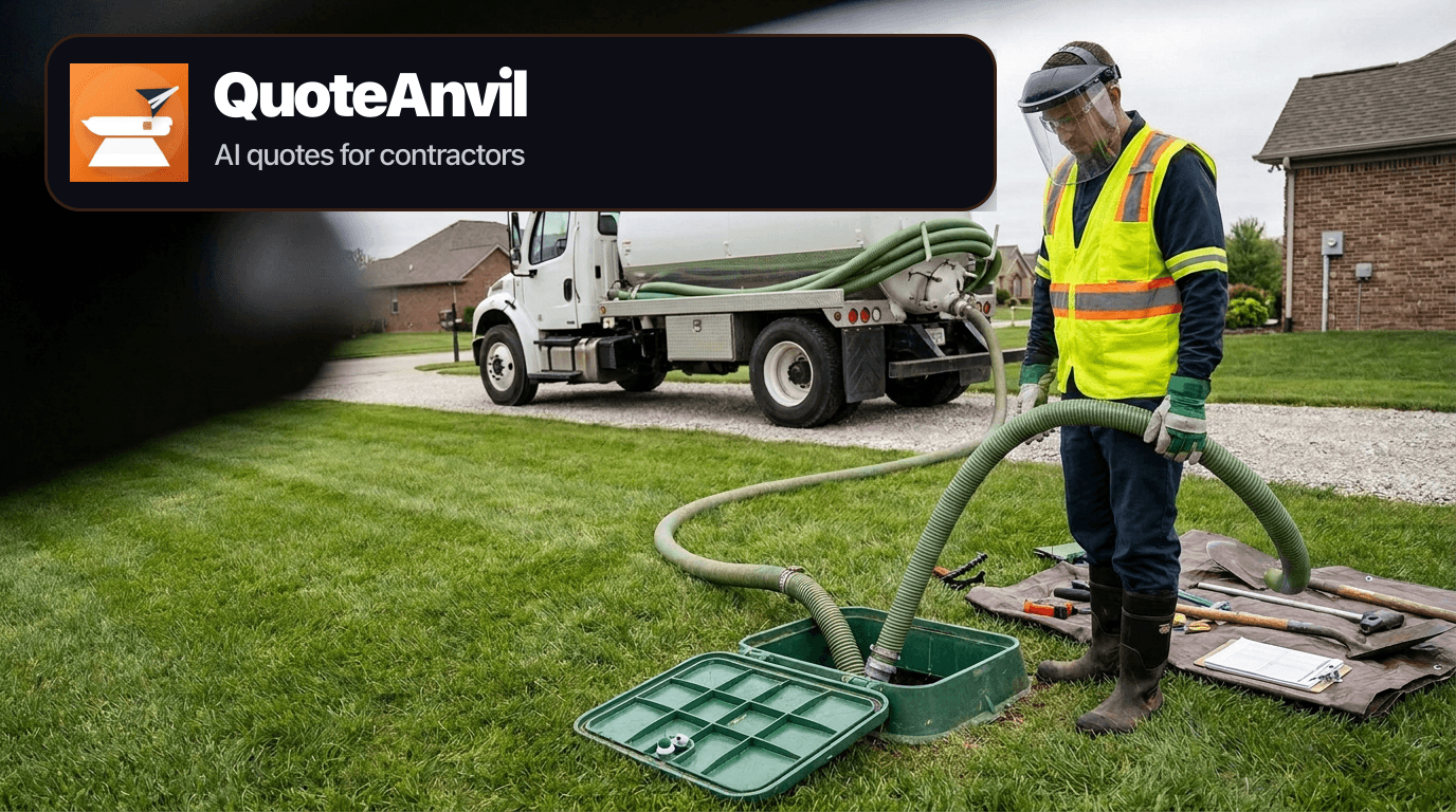 Septic service technician in protective workwear servicing an accessible residential septic tank with a vacuum hose and pump truck.