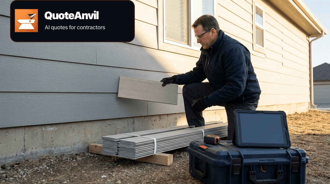 Siding installation work scene beside a residential exterior, with lap siding, organized materials, and navy workwear with forge orange accents.
