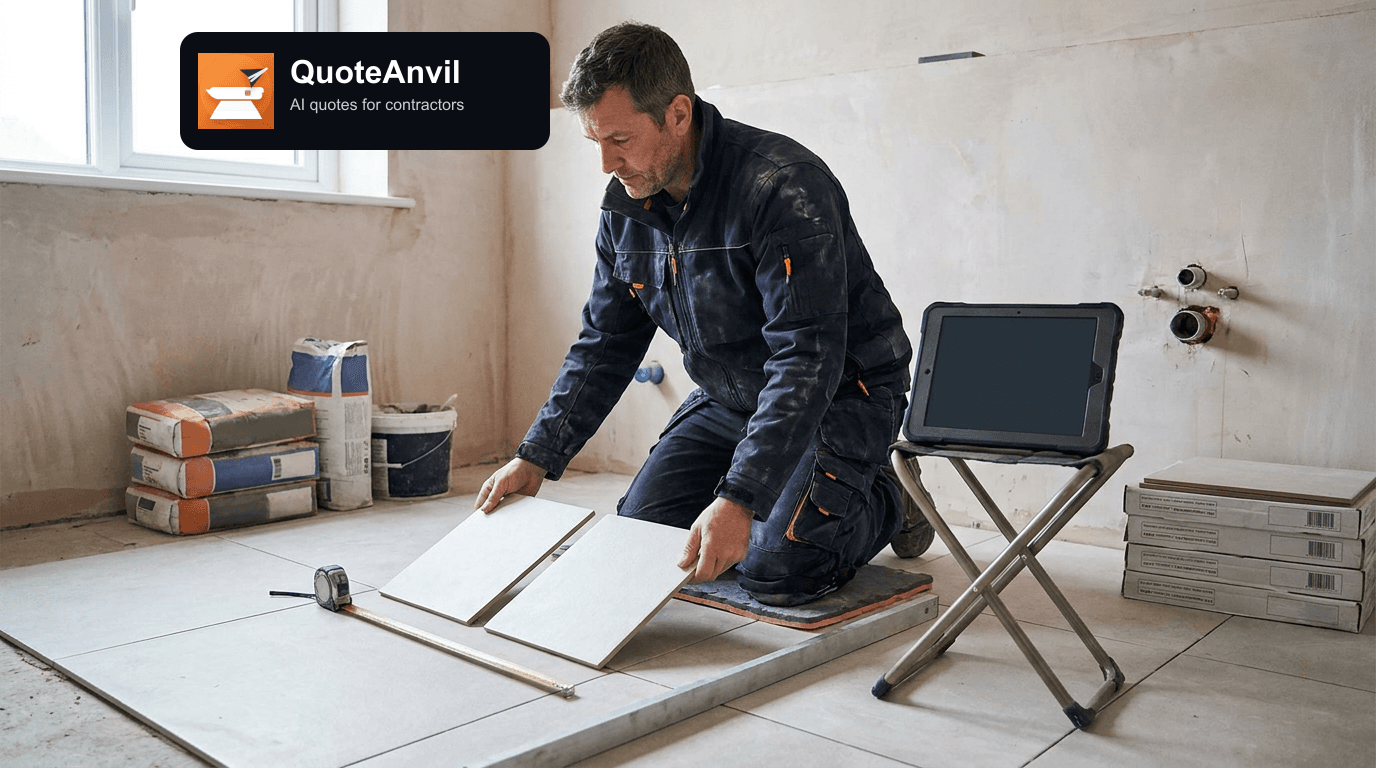 Tile contractor kneeling on a protective pad while comparing two tile samples beside a tape measure and a tablet in an unfinished bathroom.