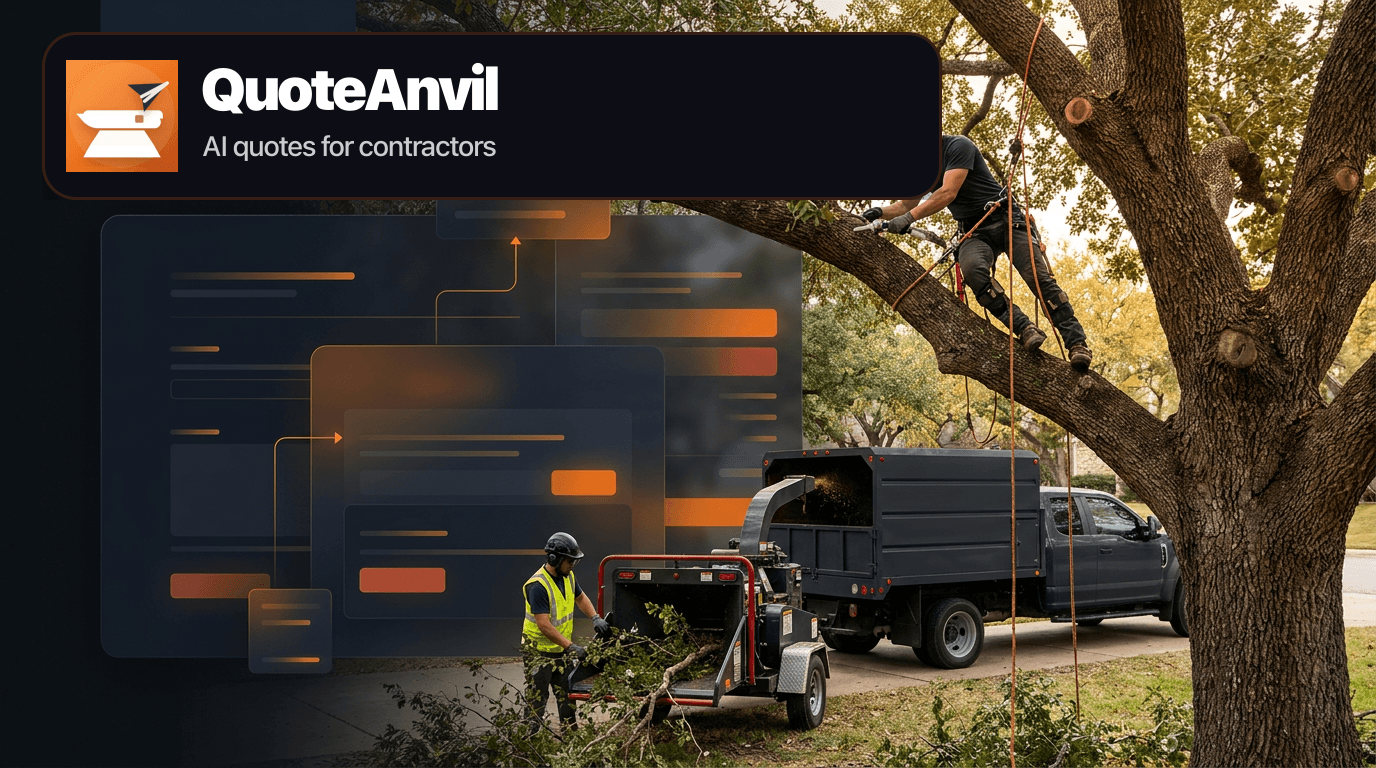 Professional tree service crew pruning a large residential tree beside dark navy and forge orange workflow panels for estimates, approvals, deposits, scheduling, invoices, and payments.