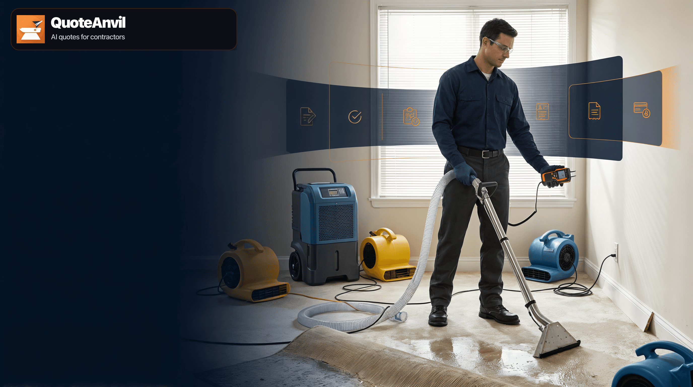 Water damage restoration technician using extraction and drying equipment beside QuoteAnvil workflow graphics for estimates, approvals, scheduling, invoices, and payments.