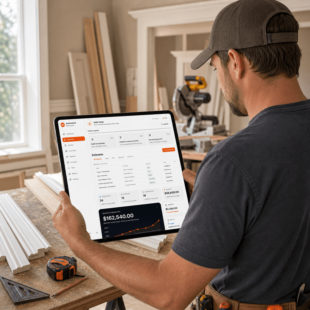Carpentry contractor using QuoteAnvil in the field