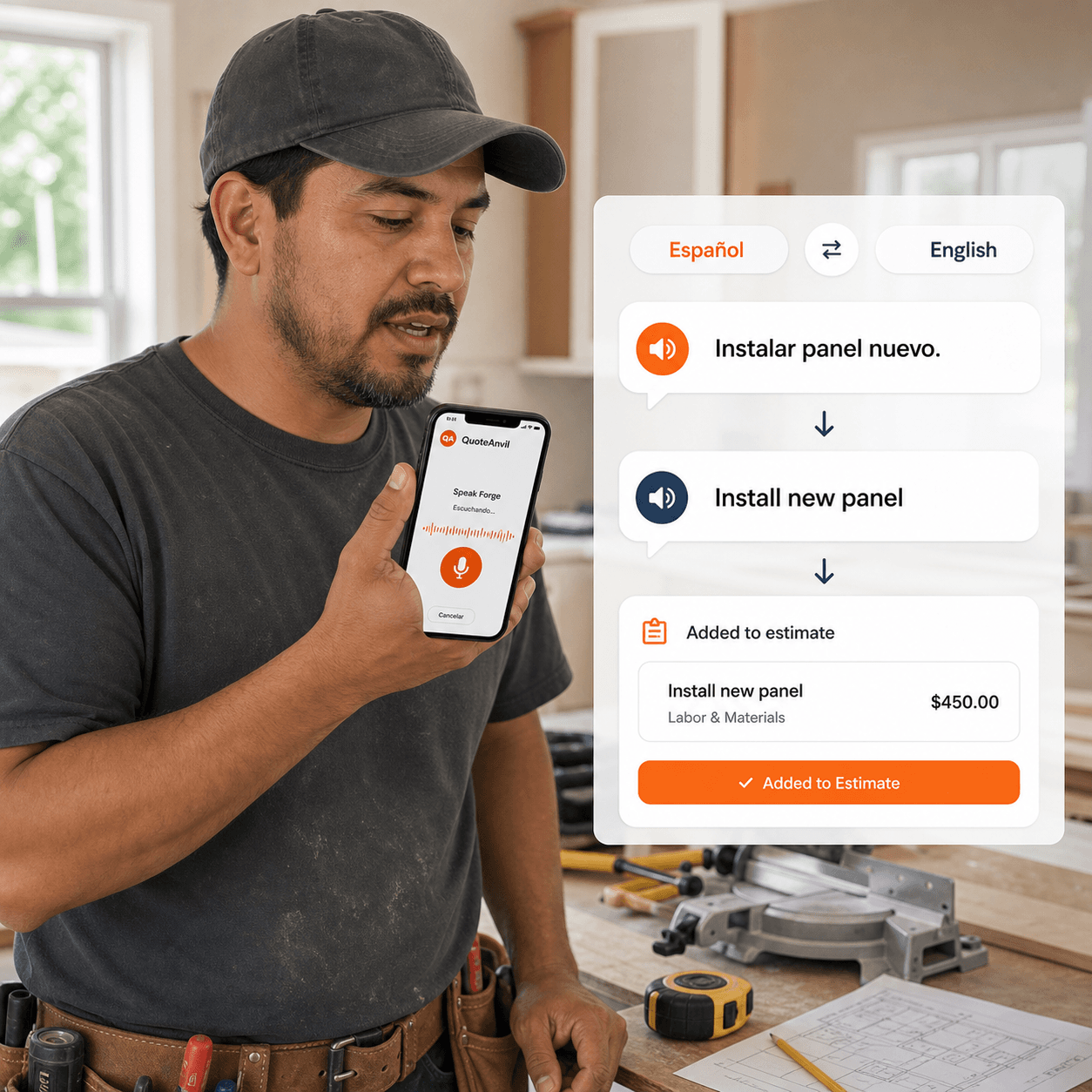 Contractor using Speak Forge to translate a Spanish voice note into an English estimate line