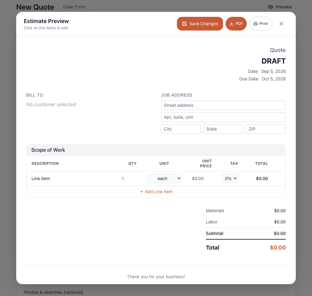 Draft document preview with no customer selected and an unpriced line item.